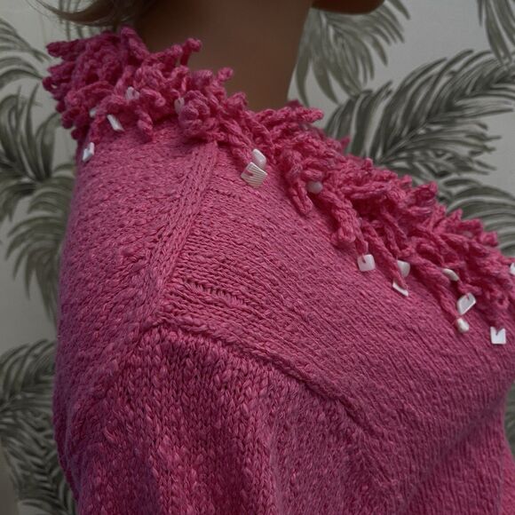 Vtg Cardigan Sweater Pink Fringe Mother Of Pearl Barbiecore Coquette feminine L - Picture 11 of 14